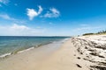 Tourists relax on the vast and empty beaches of the Mer Blanche in Brittany