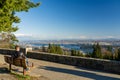 Tourists relaxing in the Cypress Mountain Vancouver Outlook. Vancouver, British Columbia, Canada.