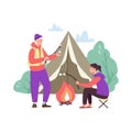 Tourists resting in campsite near campfire, flat vector illustration isolated.