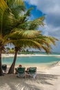 ORANJESTAD, ARUBA - October 12.2007: View on the tropical resort, sandy beach and turquoise sea. Royalty Free Stock Photo