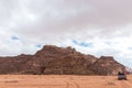 Tourists ride in open jeeps in the Wadi Rum desert Visitor near Aqaba city in Jordan