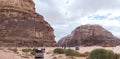 Tourists ride in open jeeps in the Wadi Rum desert Visitor near Aqaba city in Jordan