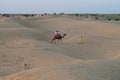 Tourists riding camels,  Camelus dromedarius, at sand dunes of Thar desert, Rajasthan, India. Camel riding is a favourite activity Royalty Free Stock Photo