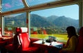 Tourists riding on Glacier Express, enjoying the idyllic scenery of Swiss countryside thru the wide panoramic windows Royalty Free Stock Photo