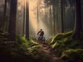 Tourists riding mountain bikes in the inspirational mountain landscape in spring Man riding MTB bike on enduro track Fitness