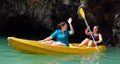 Tourists rowing kayak on the sea in Bali, Indonesia