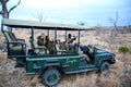 Tourists in safari vehicle observing African leopard in Sabi Sands Game Reserve, South Africa