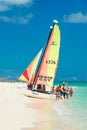 Tourists sailing on a catamaran in Cuba