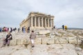 Tourists Scattered on the Acropolis Hill Around the Parthenon in the Late Afternoon