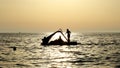 Tourists by the sea passing by pedal boat at sunset. Silhouettes of people.