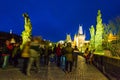 Iconic Charles Bridge people sightseeing at night Prague city Czechia Royalty Free Stock Photo