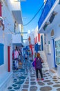 Nice cobbled commercial street of Chora Mykonos Cyclades Greece Royalty Free Stock Photo