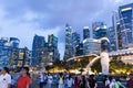 Tourists at the Singapore Merlion Park and Night Cityscape photo Royalty Free Stock Photo