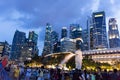 Tourists at the Singapore Merlion Park and Night Cityscape photo Royalty Free Stock Photo