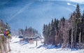Tourists on the ski slopes and a modern chair lift. Holiday in the ski resort Bukovel
