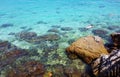 Tourists snorkel in crystal turquoise water near tropical resort Royalty Free Stock Photo