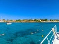 Tourists snorkeling along the coastline and enjoy the tropical island of Aruba