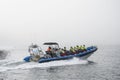 Tourists on speedboat during starting whale watching tour in foggy weather conditions