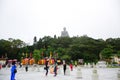 Tourists at the Po Lin Monastery with Tian Tan Buddha statue in background, Ngong Ping Village, Hong Kong Royalty Free Stock Photo