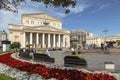 Tourists in the square near the Bolshoi theatre on a sunny summer day. Moscow,