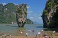 Tourists at stalls setup on Phang-Nga Island, known as James Bond Island Thailand.