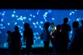 Tourists stop and observe a tank full of jellyfish in an aquarium