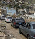 Tourists stranded at traffic blockage after Kalam Bahrain road was washout by the flood in river swat at Bahrain valley: Bahrain Royalty Free Stock Photo