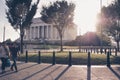 Tourists stroll the alleys of National Mall with the Lincoln Memorial seen on the background on the sunset, Washington DC, USA Royalty Free Stock Photo