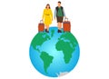 Tourists with suitcases travel on world. Vector illustration