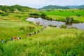 The tourists on the summer meadow Royalty Free Stock Photo