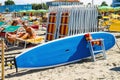 Tourists sunbathe on beach in Bellaria Igea Marina, Rimini