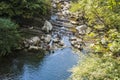Tourists swim in the Agura river near a waterfall near the city of Sochi, Russia. A clear, Sunny day October 19, 2019 Royalty Free Stock Photo