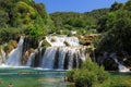 Tourists swim in the near picturesque waterfall in summer. The best big beautiful Croatian waterfalls, mountain, nature Royalty Free Stock Photo