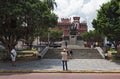 Tourists take pictures in front of the simon bolivar monument in casco viejo panama city