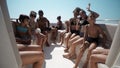 Tourists take a ride on tourist boat tour on beach in Durres, Albania Royalty Free Stock Photo