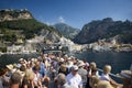 Tourists taking boat to Amalfi, a town in the province of Salerno, in the region of Campania, Italy, on the Gulf of Salerno, 24 mi