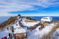 Tourists taking photos of the beautiful scenery and skiing around Deogyusan,South Korea. Royalty Free Stock Photo