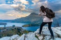 Tourists taking pictures on Town of Waterton Lakes National Park. Alberta, Canada.