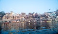 Tourists taking the popular boat tour on the sacred Ganges river in Varanasi, Utta