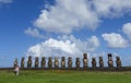 Tourists taking a selfie in front of Ahu Tongariki, Easter Island, Chile