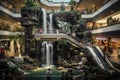 Tourists and theme park visitors taking photos of the waterfall. A bustling multi-level shopping mall with a fountain and glass Royalty Free Stock Photo