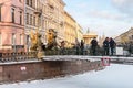 Tourists and townspeople at Griffon sculpture of Bank bridge