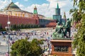 Tourists and townspeople in Red Square near the Pokrovsky Cathedral Royalty Free Stock Photo