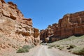 Tourists travel along the bottom of a deep warn colored canyon accompanied by a drone, blue sky