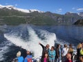 Tourists travel to the Geiranger fjord on a cruise ship Royalty Free Stock Photo