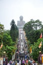 Tourists worship Tian Tan Buddha statue up on the hill in Ngong Ping Village, Lantau Island, Hong Kong