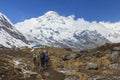 Tourists trekking to Himalaya Annapurna base camp, Nepal Royalty Free Stock Photo