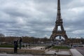 Tourists in Trocadero Gardens (Jardins du Trocadero) on a cloudy day with Eiffel Tower. Paris, France Royalty Free Stock Photo