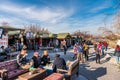 Tourists at Turkish carpet souvenir bazaar in Goreme town, cappadocia, Turkey