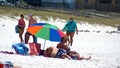 Tourists under a rainbow umbrella